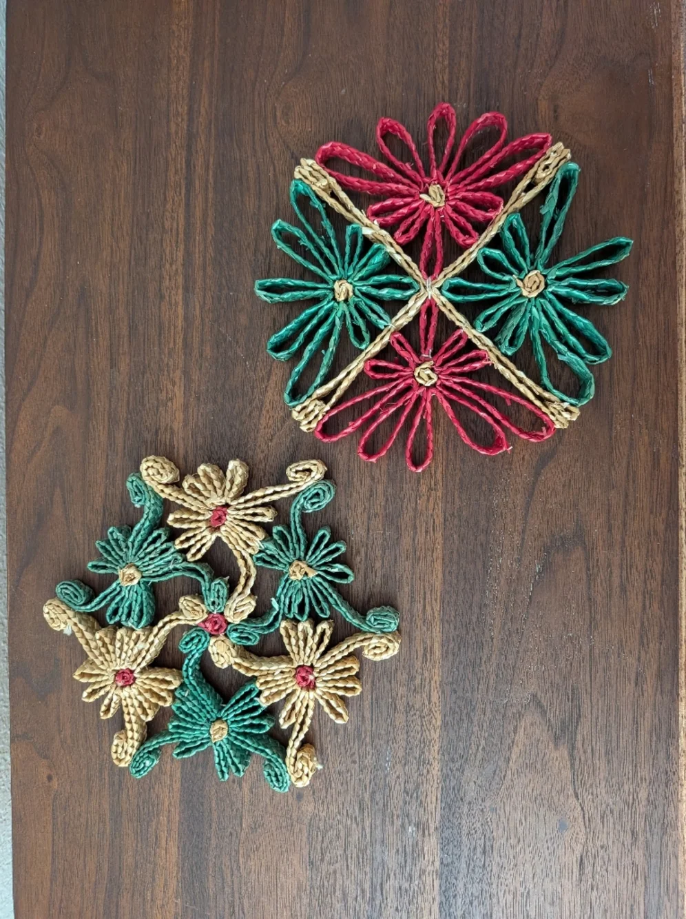 Vintage 70's Woven Straw Raffia Wicker Trivet Set of 2 Retro Boho Christmas